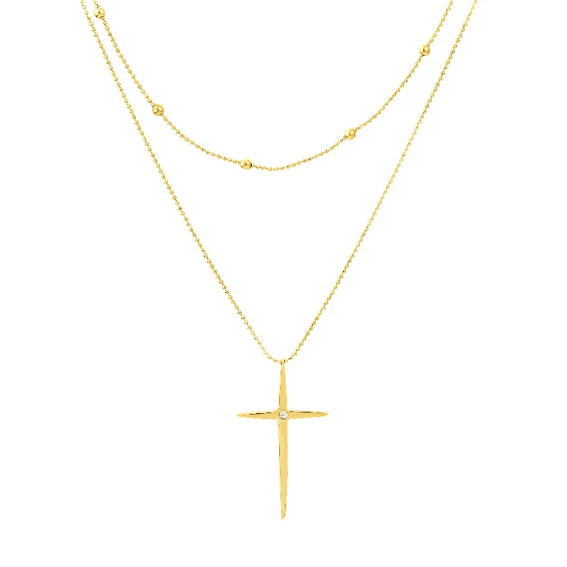 Bead and 1pt Diamond Cross Duo Necklace