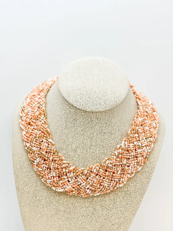 Braided Seed Bead Bib Necklace - Neutral Multi