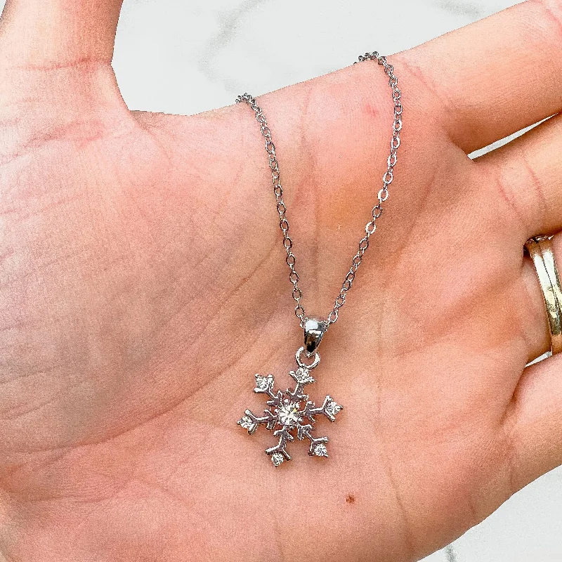 Cubic Zirconia Snowflake Pendant Necklace - White Gold