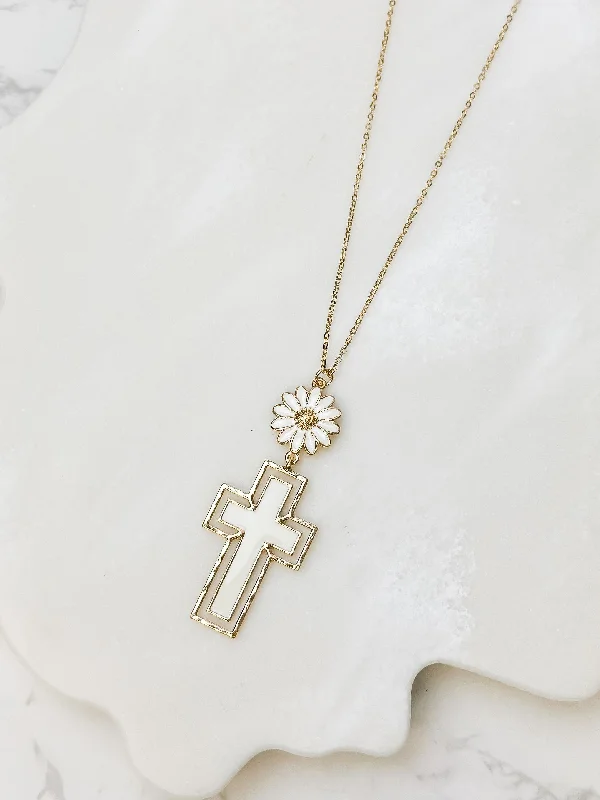 Daisy Cross Pendant Necklace - White