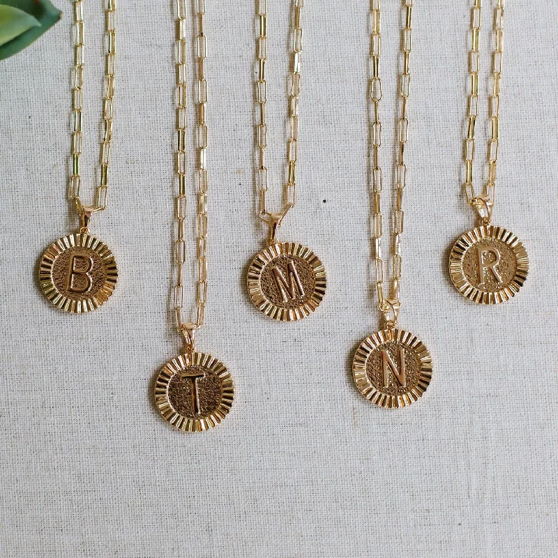 Gold Medallion Initial Paperclip Chain Necklace