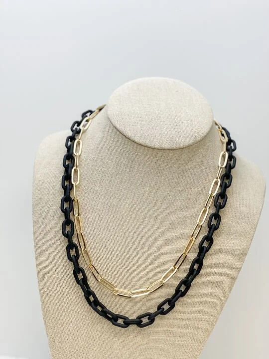 Multilayered Gold & Silicone Chain Necklace - Black