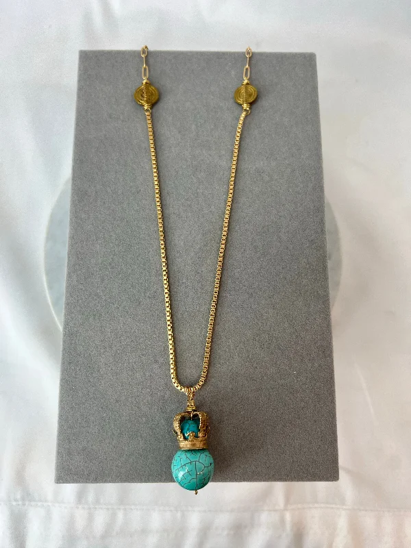 Necklace - Bronze St. Edward's Crown on Turquoise Box/Paperclip Chain