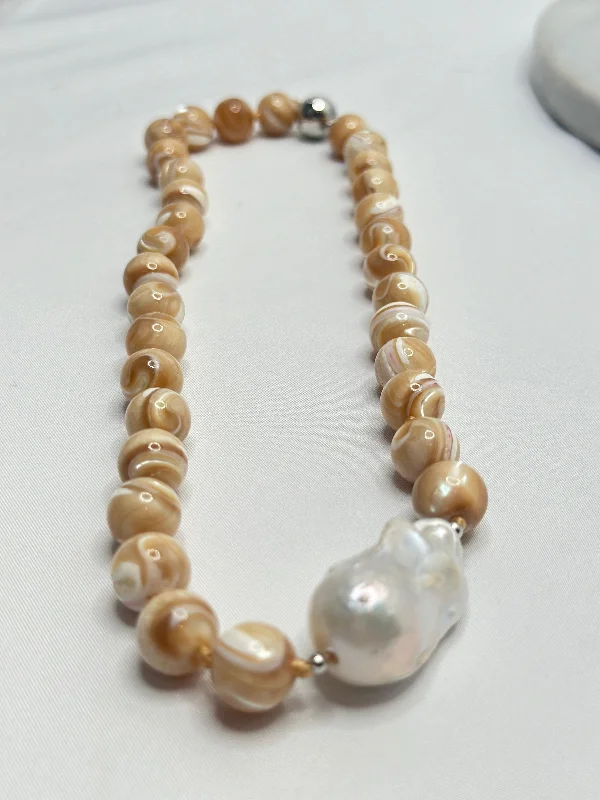 Necklace - Shell Stones & White Baroque Pearl