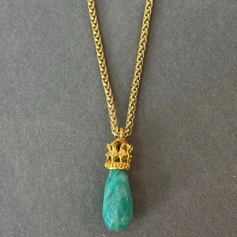 Necklace - Vermeil Crown on Amazonite Hangs on Wheat Chain