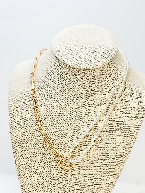 Pearl Bead & Gold Paperclip Asymmetrical Necklace