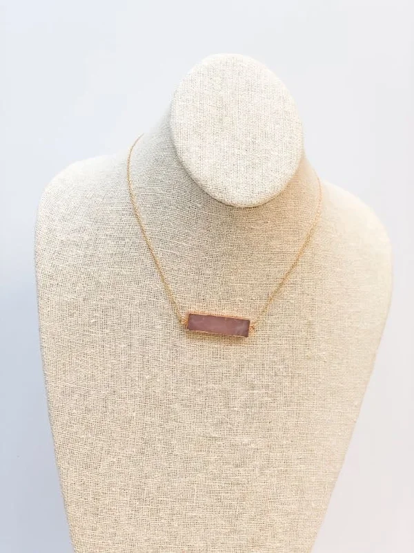 Semi Precious Bar Pendant Necklace - Rose Quartz