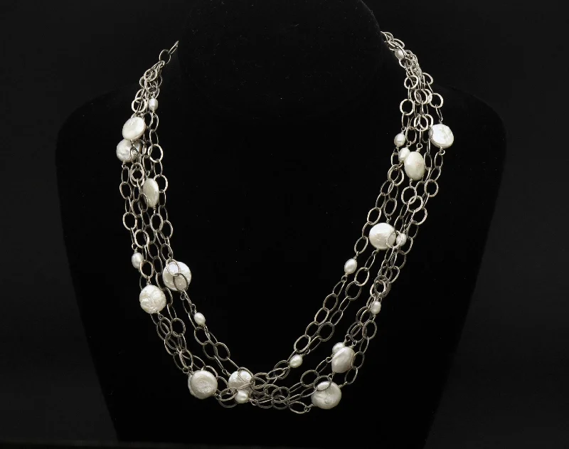 Vintage Handmade Sterling Silver and Pearls Multi-Link Chain Necklace