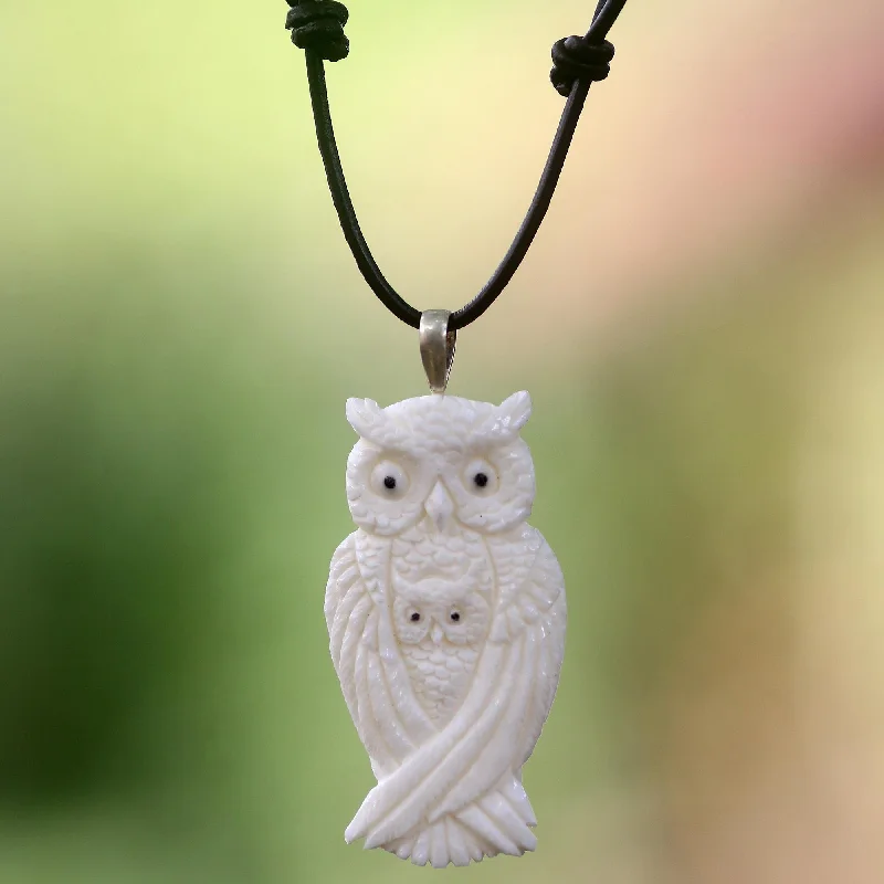 White Owl Family Adjustable Carved Bone Pendant Necklace