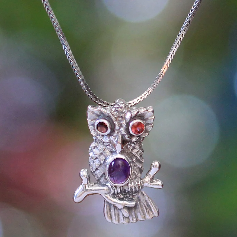 Wise Owl Garnet & Sterling Silver Necklace