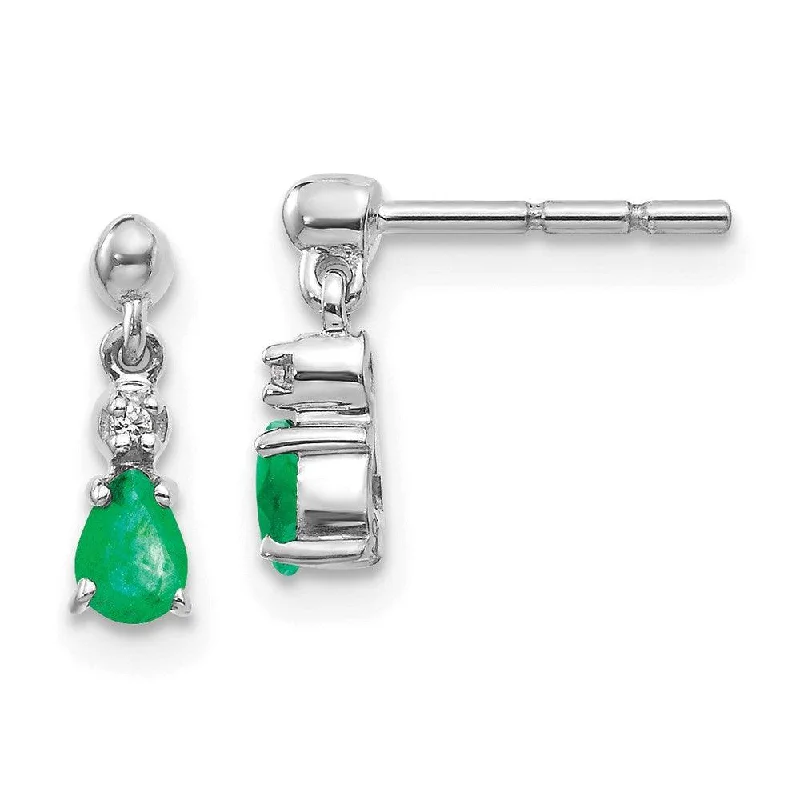 14k White Gold Emerald & Diamond Dangle Post Earrings