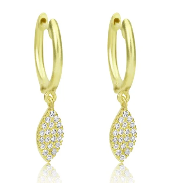 14TT Pave Marquis Diamond Drop on Brushed Hoop Earrings