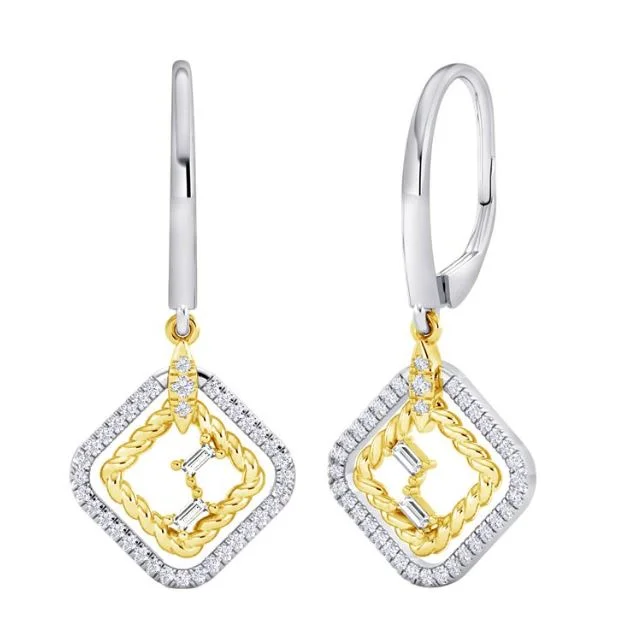 14TT Round & Baguette Diamond Cushion Dangling Earrings