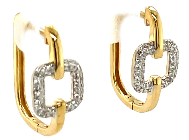 14TT Square Hoop Diamond Omega Back Earrings