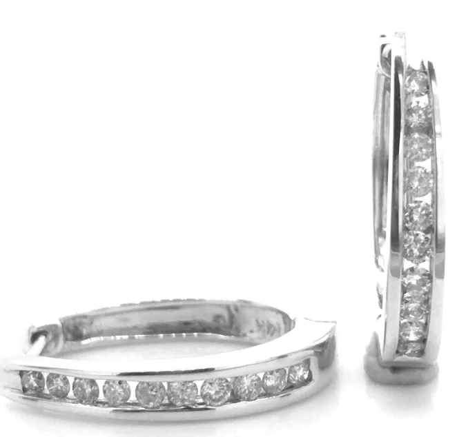 14W 3/4" Oval Channel Set Diamond Hoop Earrings