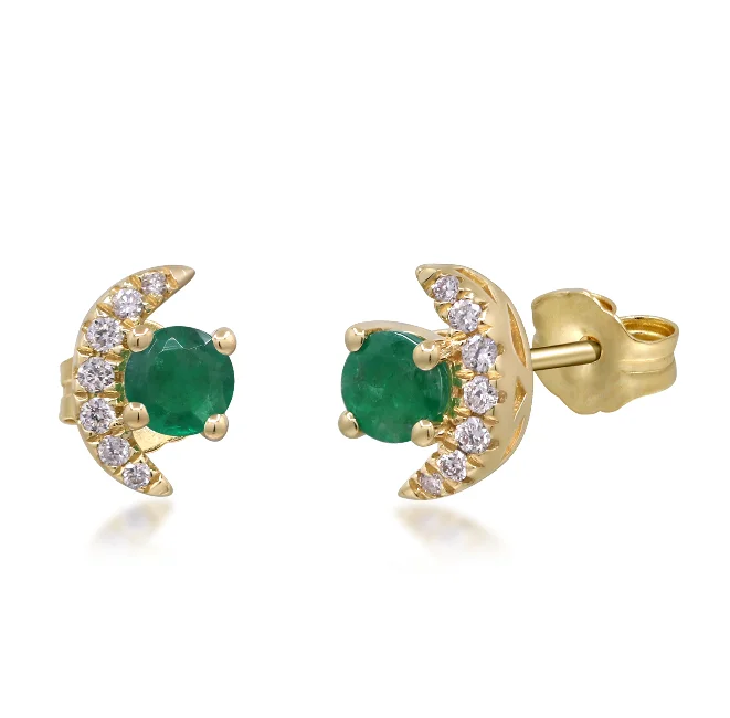 14W Crescent Moon Diamond and Rd Emerald Stud Earrings 2E=.33ctw 14D=.07ctw