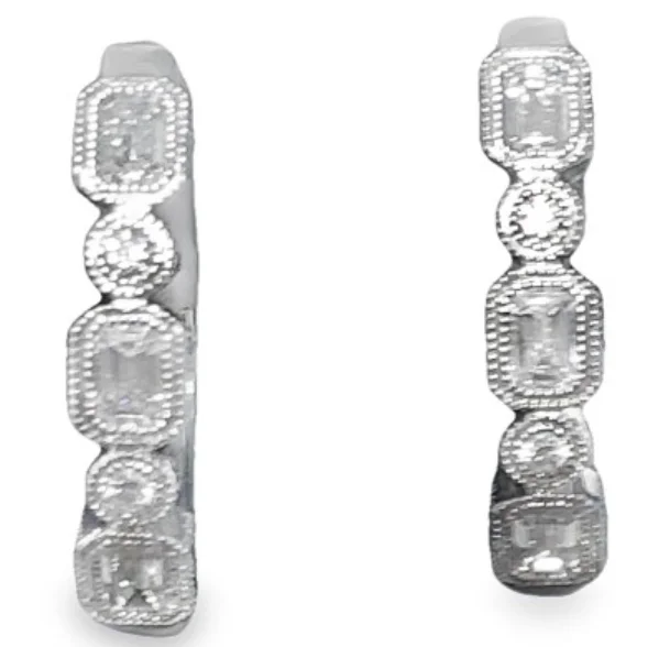 14W Emerald Cut and Round Diamond Bezel Set Milgrain Hoop Earrings