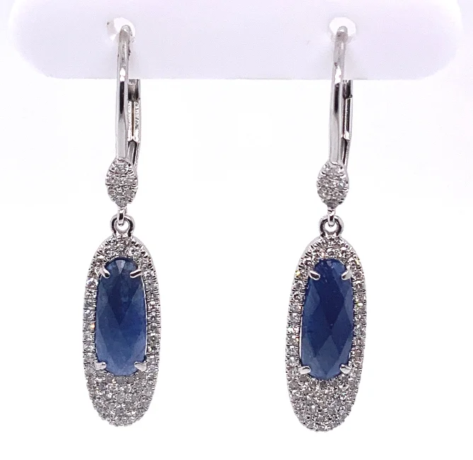 14W Oblong Faceted Sapphire and Pave' Dia Dangle Earrings