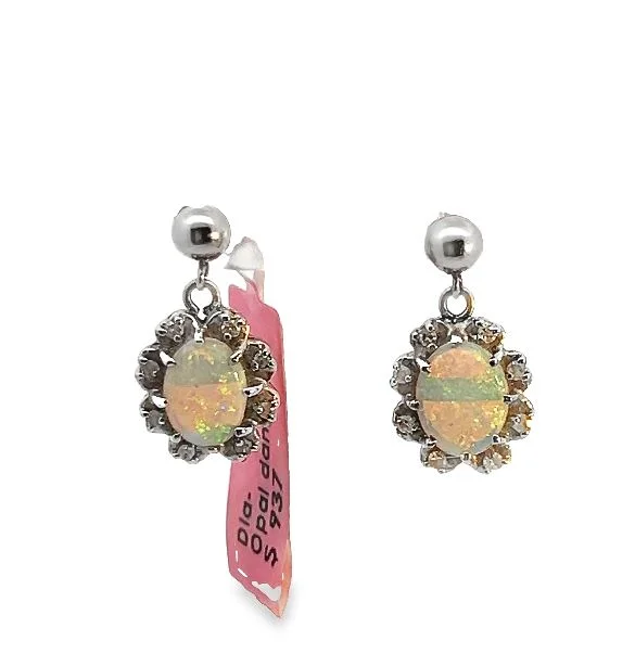 14W Opal and Diamond Ball Dangle Earrings