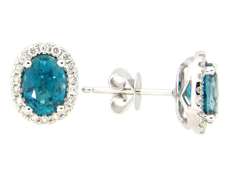 14W Oval Blue Zircon and Diamond Halo Stud Earrings