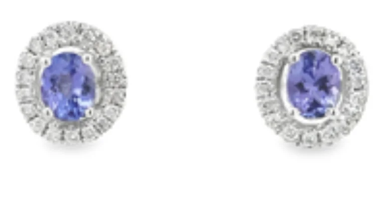 14W Oval Tanzanite and Rd Diamond Halo Stud Earrings  2T=.71cts 36D=.18ctw