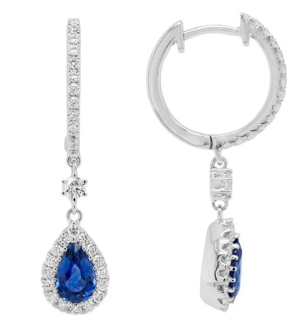 14W P/S Sapphire and Diamond Halo Dangle Earrings on Hoop