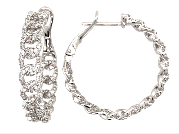 14W Pave Diamond Cuban Link Chain Hoop Earrings, D=1.27ctw