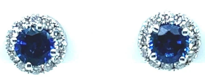 14W Rd Blue Sapphire and Diamond Halo Stud Earrings