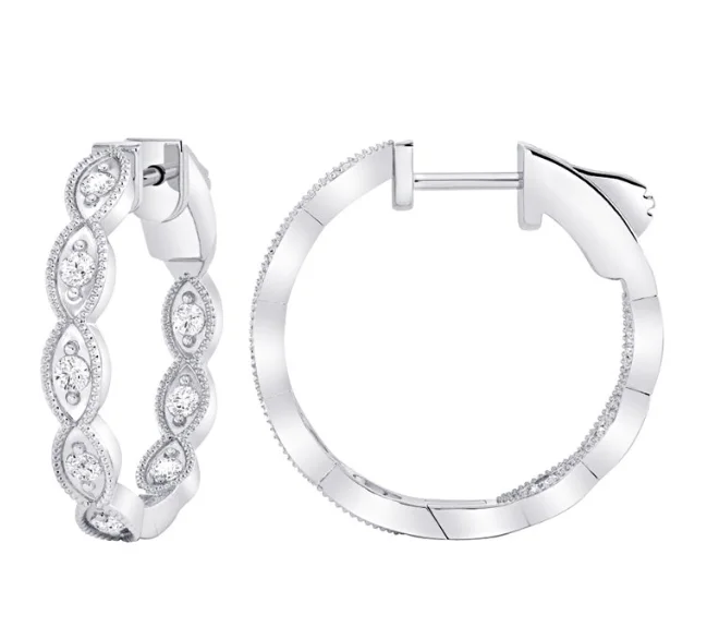 14W Round Marquise Station Milgrain Diamond Fashion Huggies Earrings