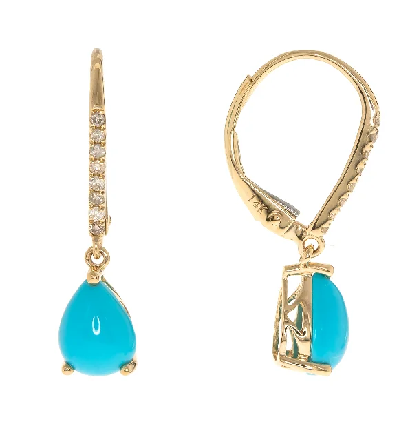 14Y Pear Shaped Turquoise Dangle Round Diamond Accent Leverback Earrings