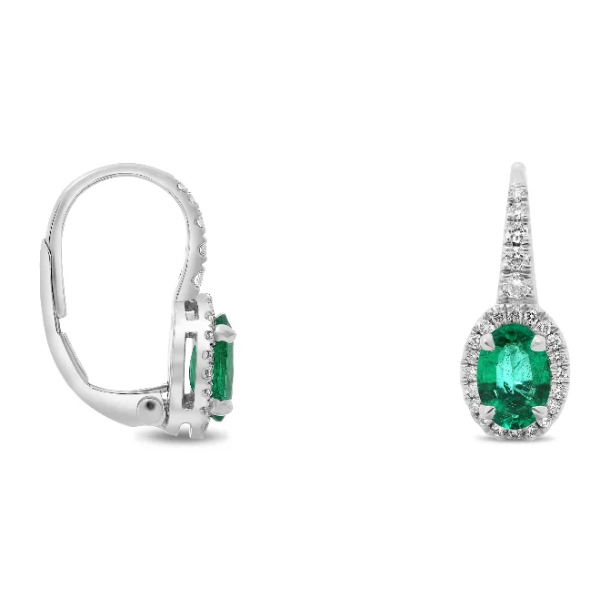 18W 1.09ctw Emerald and Diamond Drop Earrings  2 Oval Emeralds = 0.90ct 50 RBC Diamonds = 0.19ct