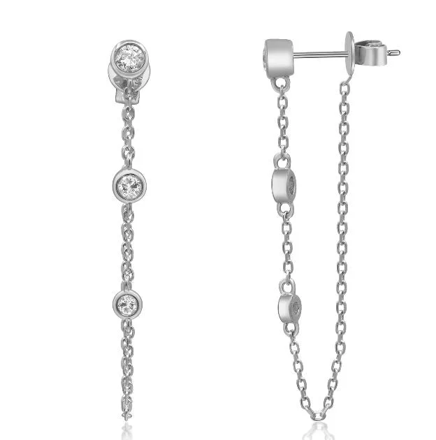 18W 3 Bezel Set Diamond Dangle Chain Front/Back Earrings