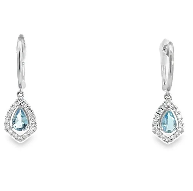 18W Aqua and Diamond Halo Drop Earrings  2 Pear Aqua = 0.47ctw 32 RBC Diams = .25ctw