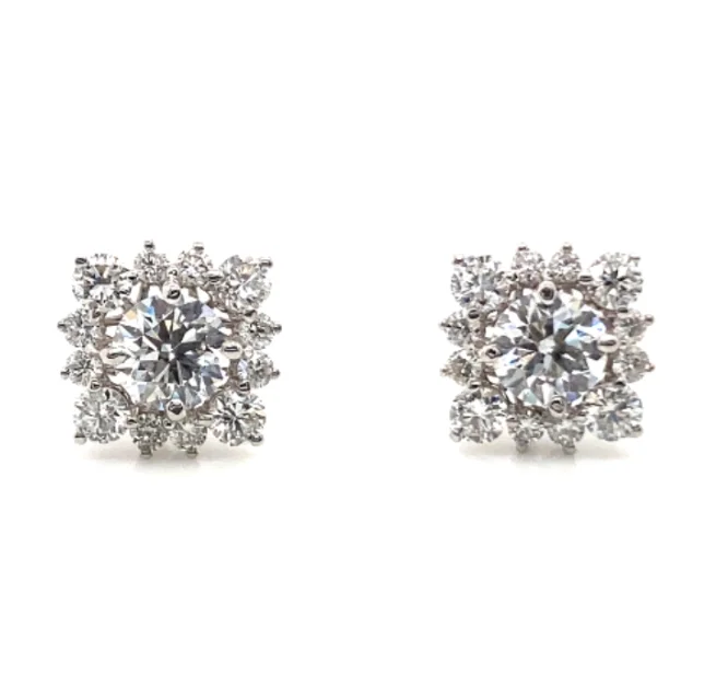 18W Rd Nat Dia Halo and LG RBC Diamond Stud Earrings 1.85ctw  2 Focal Lab Created Diamonds = 1.03ctw - D/VS2 Natural Diamond Halos= .82ctw