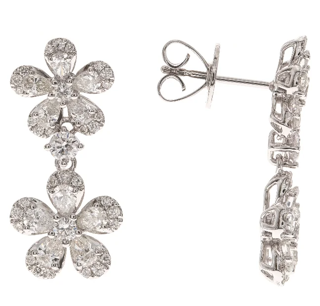 18W Round and P/S Diamond Double Flower Dangle Earrings