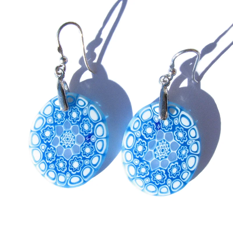 Aquamarine Murano glass oval earrings "Millefiori"