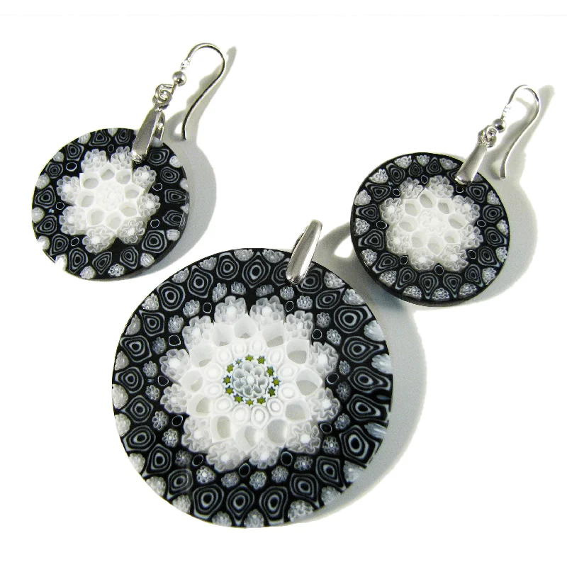 Black Murano glass Round Pendant and earrings set Millefiori 27