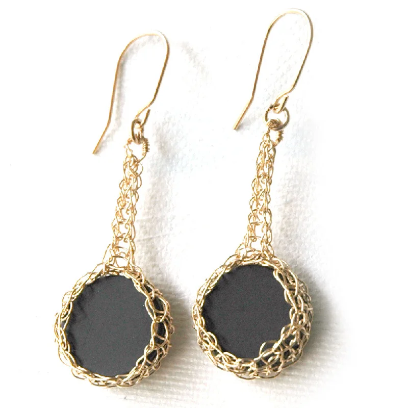 Black Onyx Earrings , Onyx Coins Set nested in Crocheted Gold