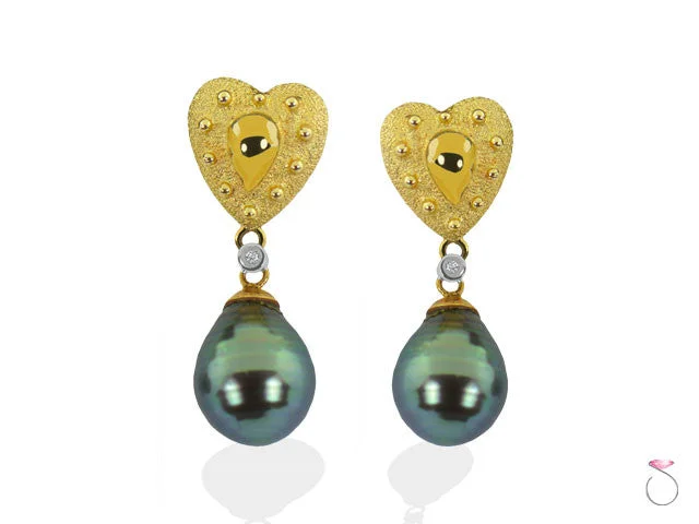 Black Tahitian Pearl Diamond Gold Heart Drop Earrings in 18K