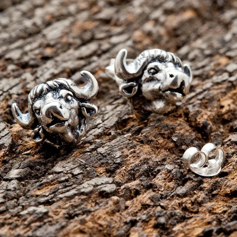 Bull Bison Head Sterling Silver Biker Stud Earrings