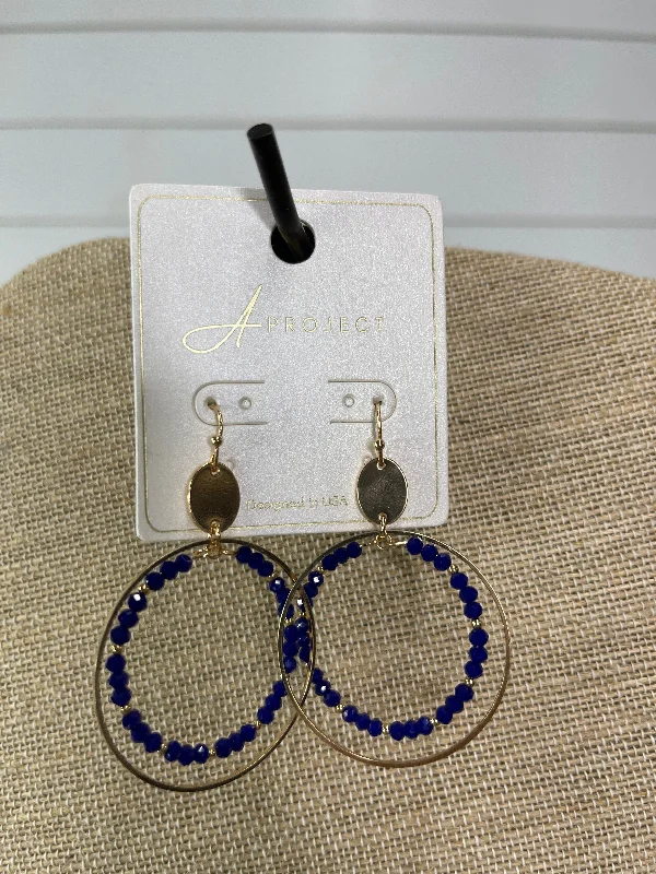 COLBALT BLUE BEADED/GOLD DOUBLE HOOP EARRINGS