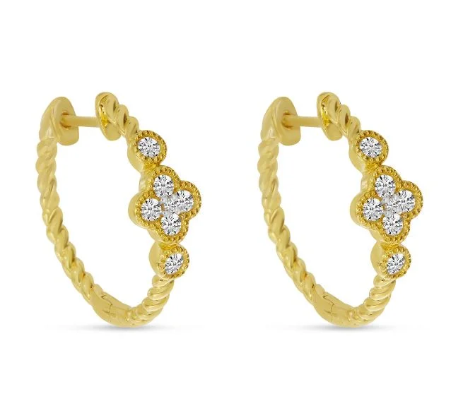 Color Merchants Inc- 14K Yellow Gold Diamond Clover Twist Hoop Earrings