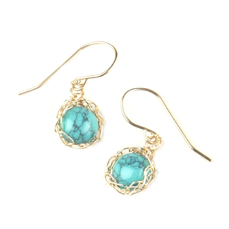 Dangle Turquoise earrings , Small Turquoise wire crochet earrings , nested in gold filled