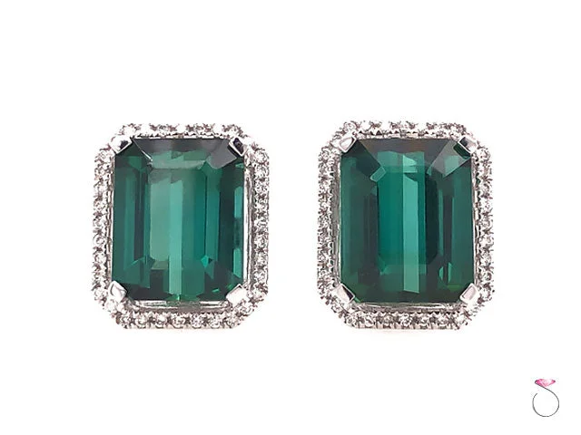 Designer Green Tourmaline Diamond Halo Earrings, 18k White Gold