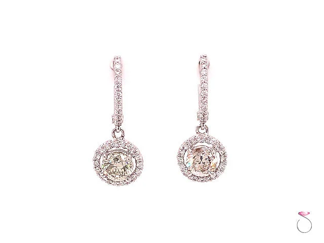 Diamond Halo Drop Dangling Earrings, 2.29 Carat Diamond Earrings 18K White Gold