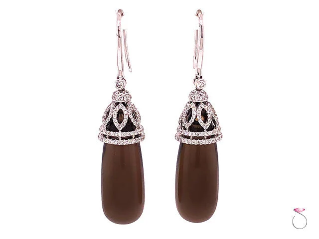 Diamond & Smoky Quartz Large Drop Earrings, 18K White Gold