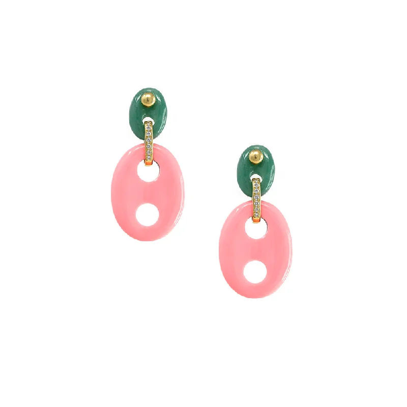 Diamond & Stone Mariner Link Earrings in Coral & Chalcedony