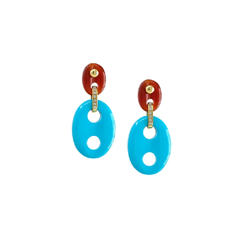 Diamond & Stone Mariner Link Earrings in Turquoise & Carnelian