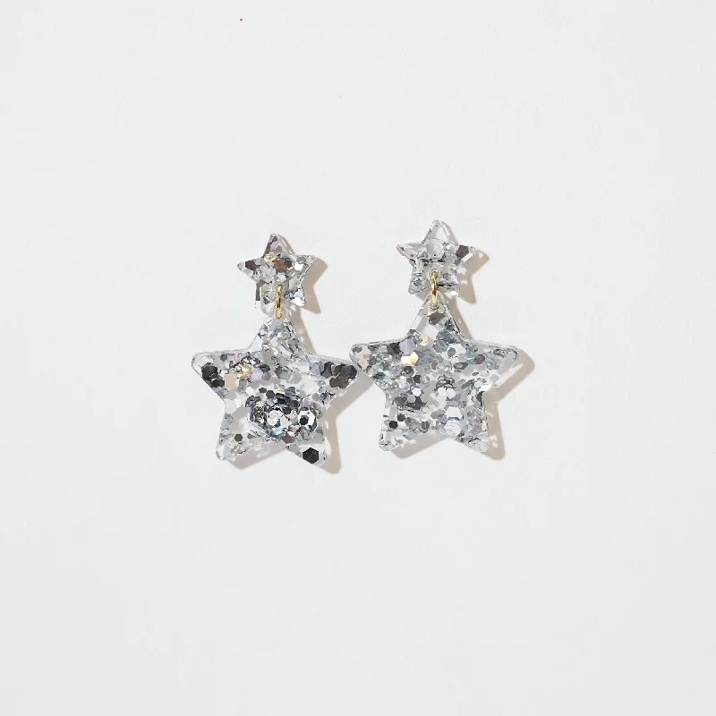 Double Star Dangle Earrings - Silver Glitter