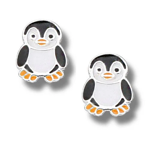 Waddling Sterling Silver / Enamel Penguin Earrings (1/2 Tall)